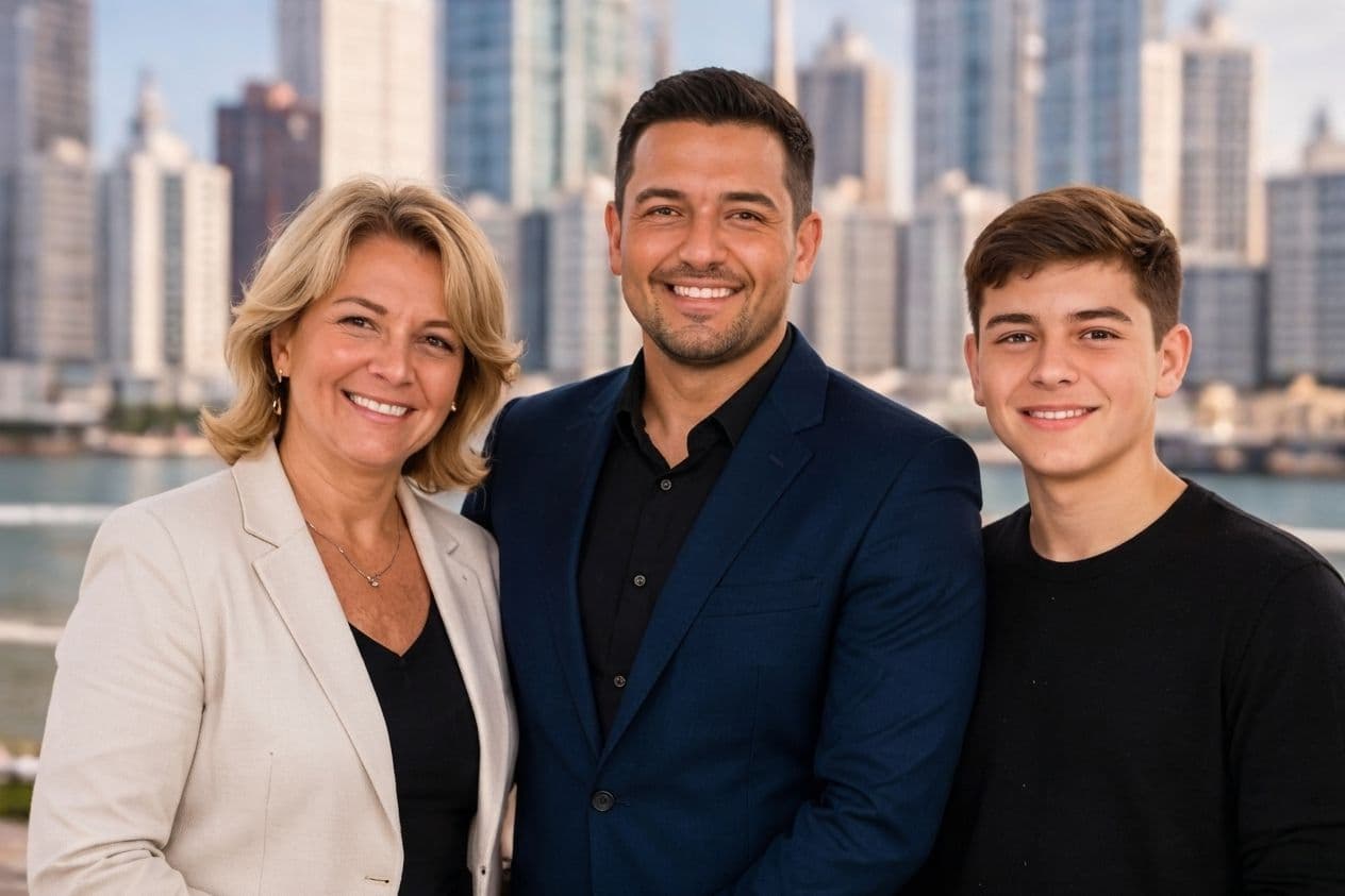 Valdete Gonçalves de Melo, seu filho Felipe Cesar e seu neto Kauan Enrique com vista panorâmica para o skyline de Balneário Camboriú